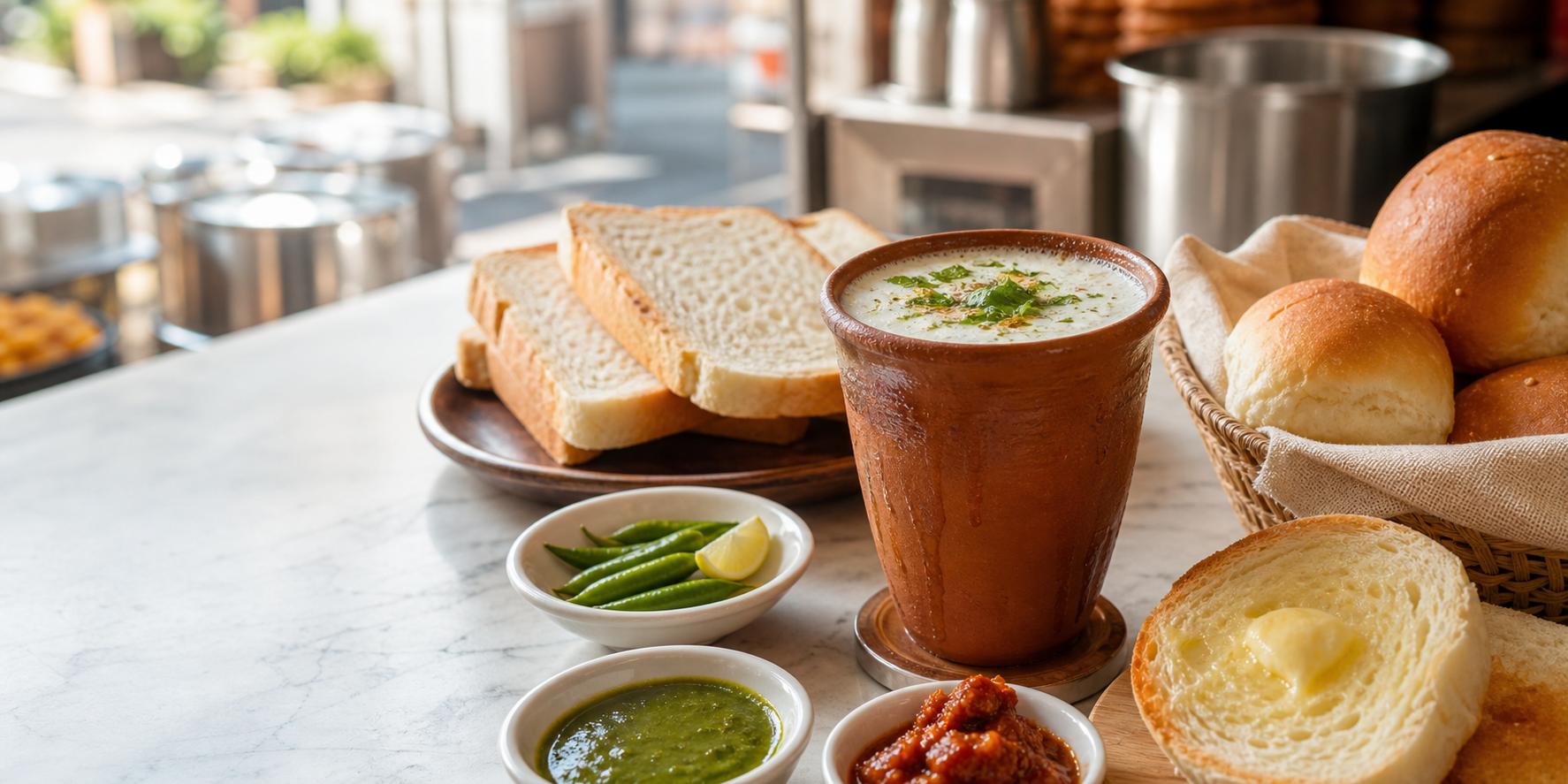 Mattha, bun makhan and fresh breads on a breakfast counter